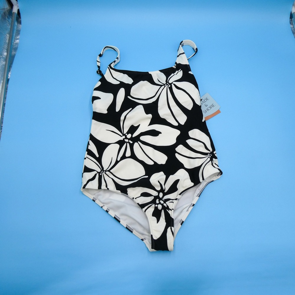 Shade & Shore One Piece Swimsuit Womens Small Floral Black White Padded Nylon